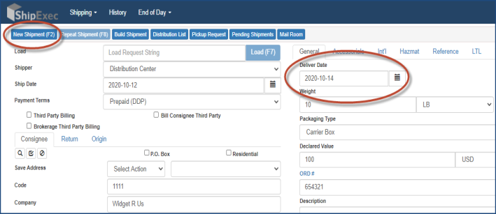 Creating new shipment with standard template using ship by date mode